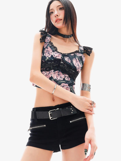 QIUQIU STUDIO Rose Print Lace Trim Navel Baring Short Cropped Slim Fit Women&