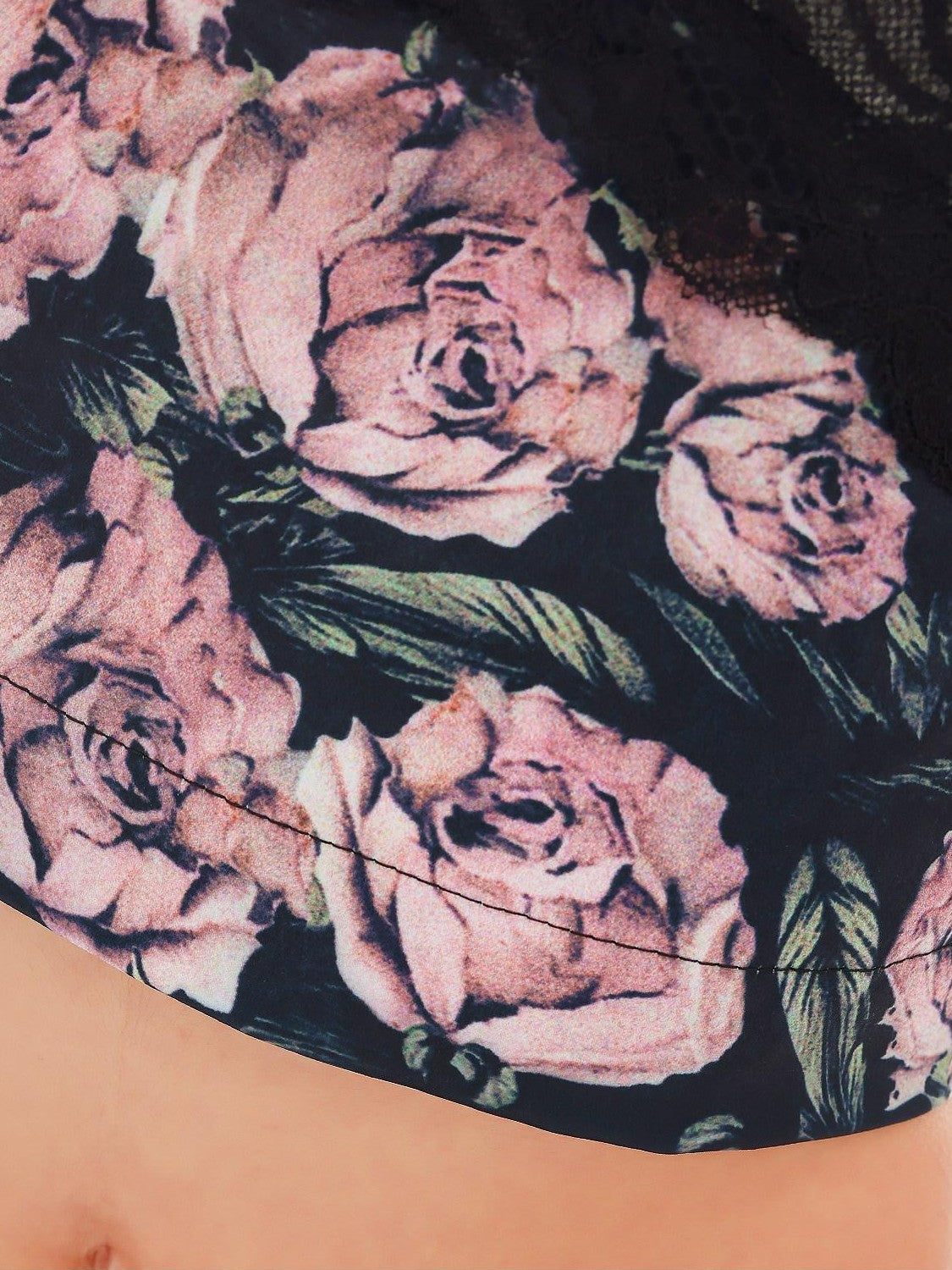 QIUQIU STUDIO Rose Print Lace Trim Navel Baring Short Cropped Slim Fit Women&