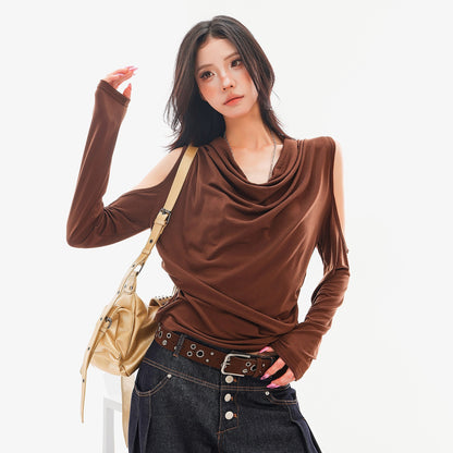 QIUQIU_STUDIO_Ruched_Cowl_Neck_Off_Shoulder_Loose_Fit_Women&