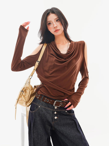 QIUQIU STUDIO Ruched Cowl Neck Off Shoulder Loose Fit Women&