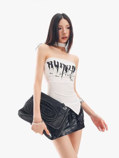 QIUQIU STUDIO Sexy Letter Print Asymmetric Hem Slim Fit Women&