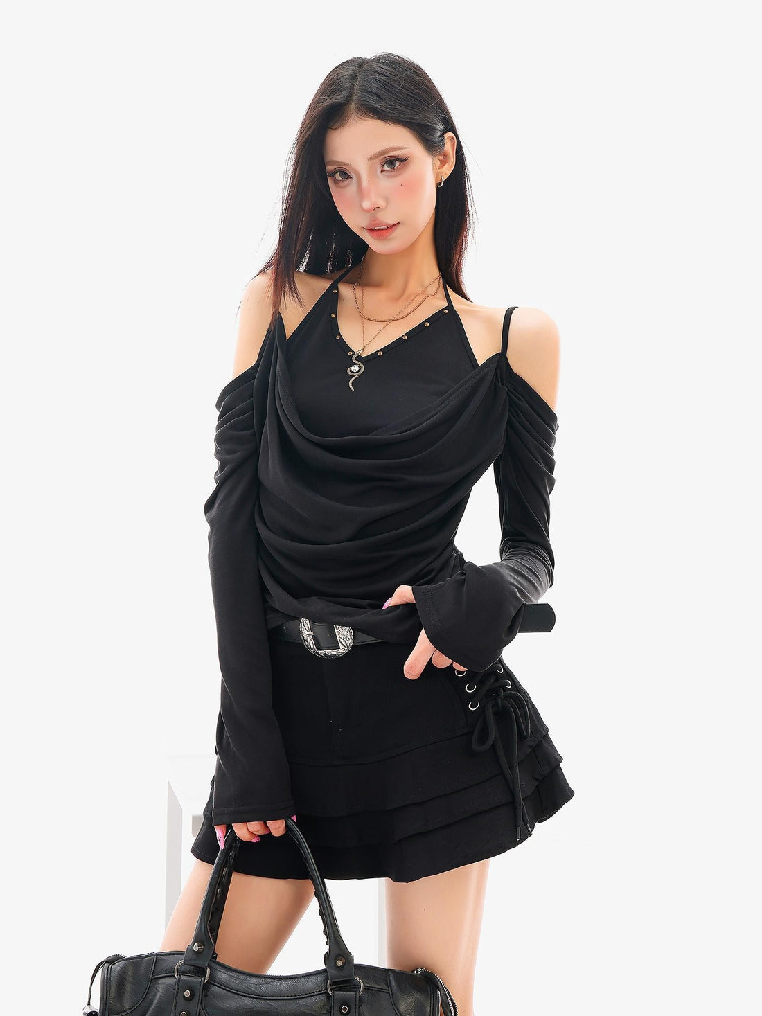 QIUQIU STUDIO Sexy Studded Draped Neck Loose Fit Women&