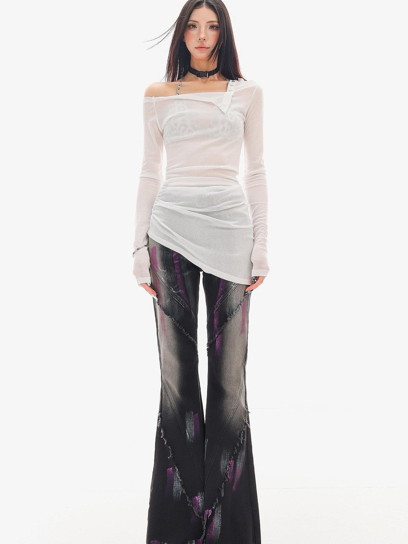 QIUQIU STUDIO Sheer Contrast Asymmetric Halter Women&