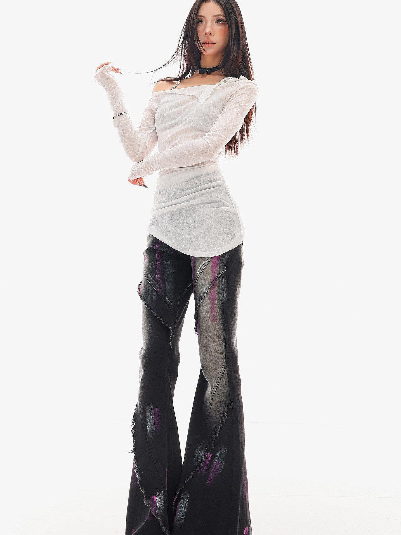QIUQIU STUDIO Sheer Contrast Asymmetric Halter Women&