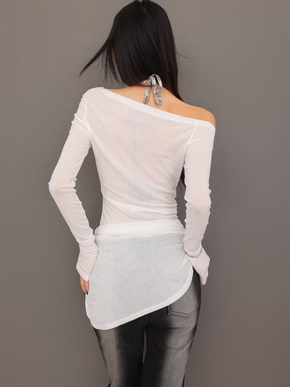 QIUQIU STUDIO Sheer Contrast Asymmetric Halter Women&