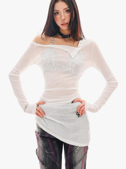 QIUQIU STUDIO Sheer Contrast Asymmetric Halter Women&