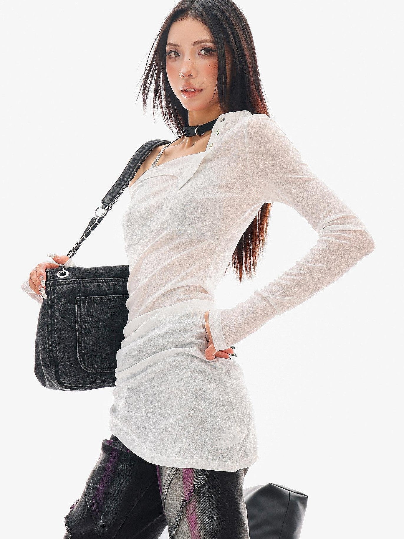 QIUQIU STUDIO Sheer Contrast Asymmetric Halter Women&