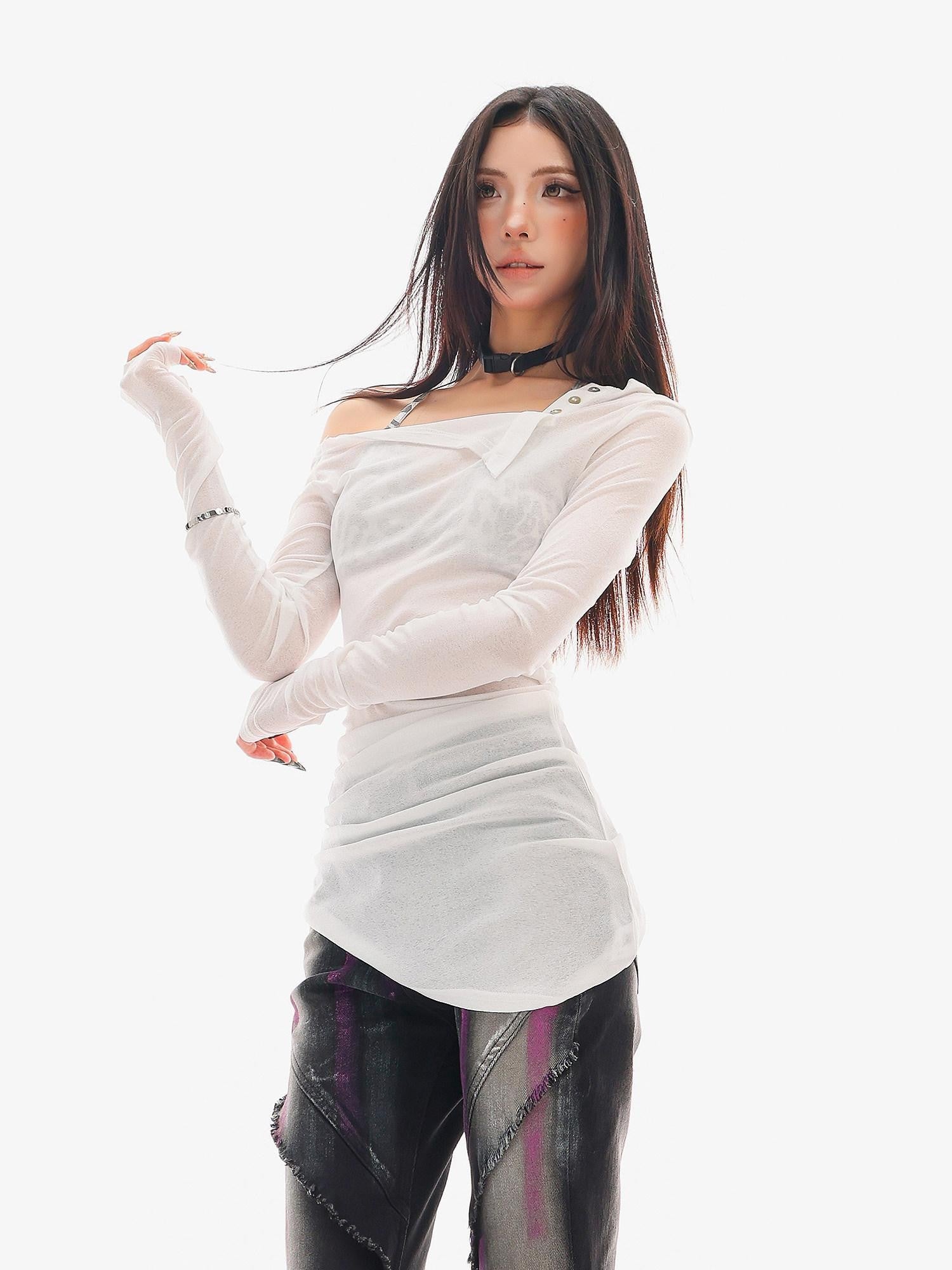 QIUQIU STUDIO Sheer Contrast Asymmetric Halter Women&