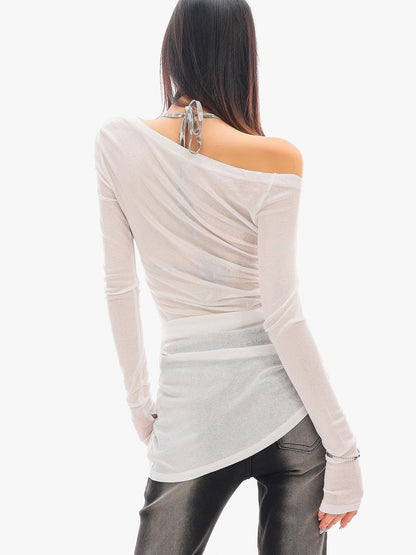 QIUQIU STUDIO Sheer Contrast Asymmetric Halter Women&