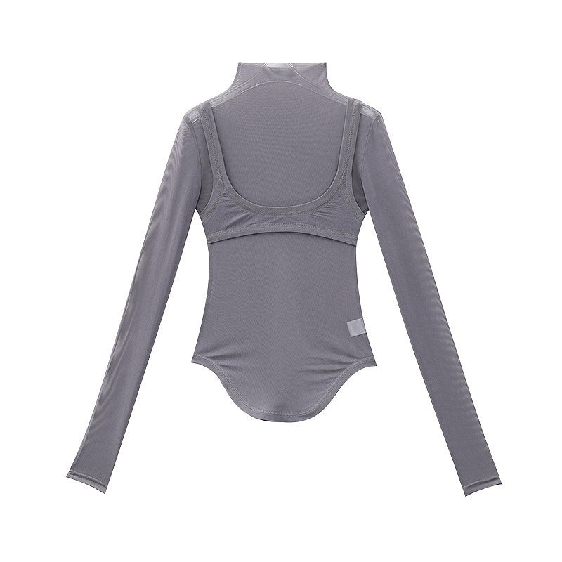 QIUQIU_STUDIO_Sheer_Faux_Layered_Mock_Neck_Spliced_Slim_Fit_Women&