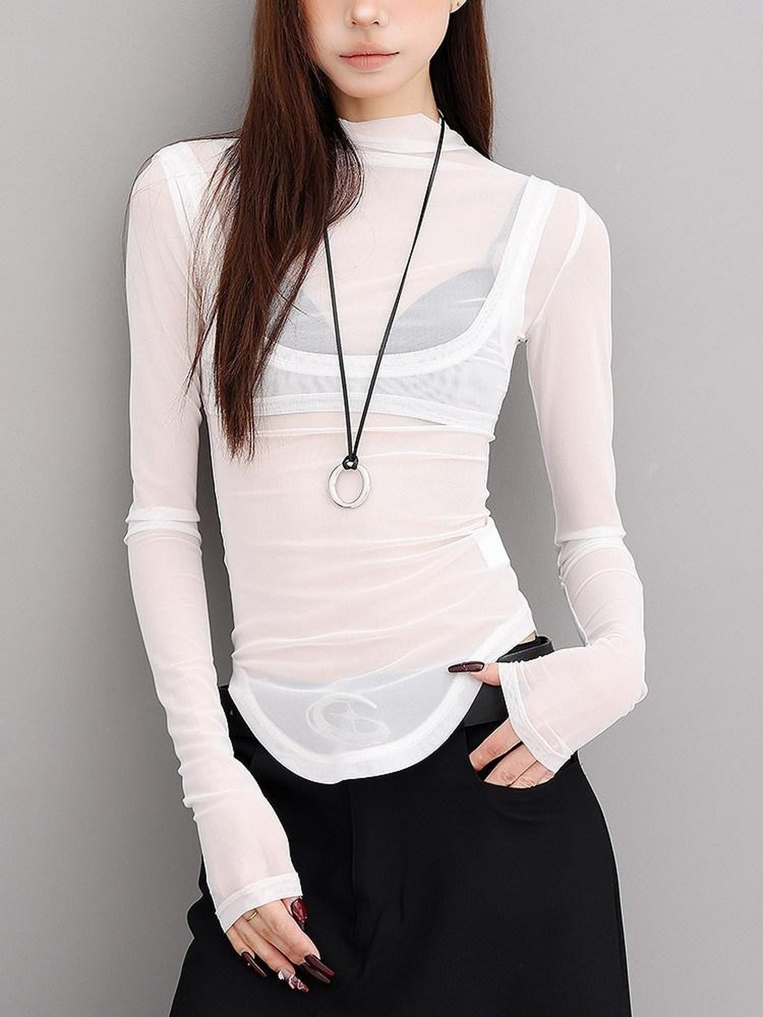 QIUQIU STUDIO Sheer Faux Layered Mock Neck Spliced Slim Fit Women&