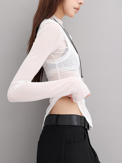 QIUQIU STUDIO Sheer Faux Layered Mock Neck Spliced Slim Fit Women&