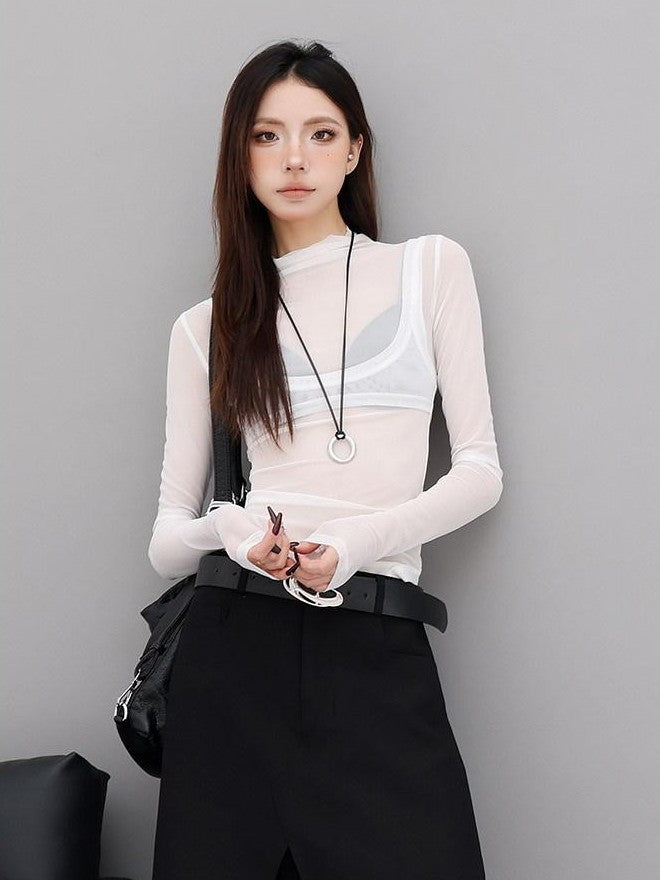 QIUQIU STUDIO Sheer Faux Layered Mock Neck Spliced Slim Fit Women&