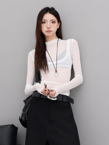 QIUQIU STUDIO Sheer Faux Layered Mock Neck Spliced Slim Fit Women&