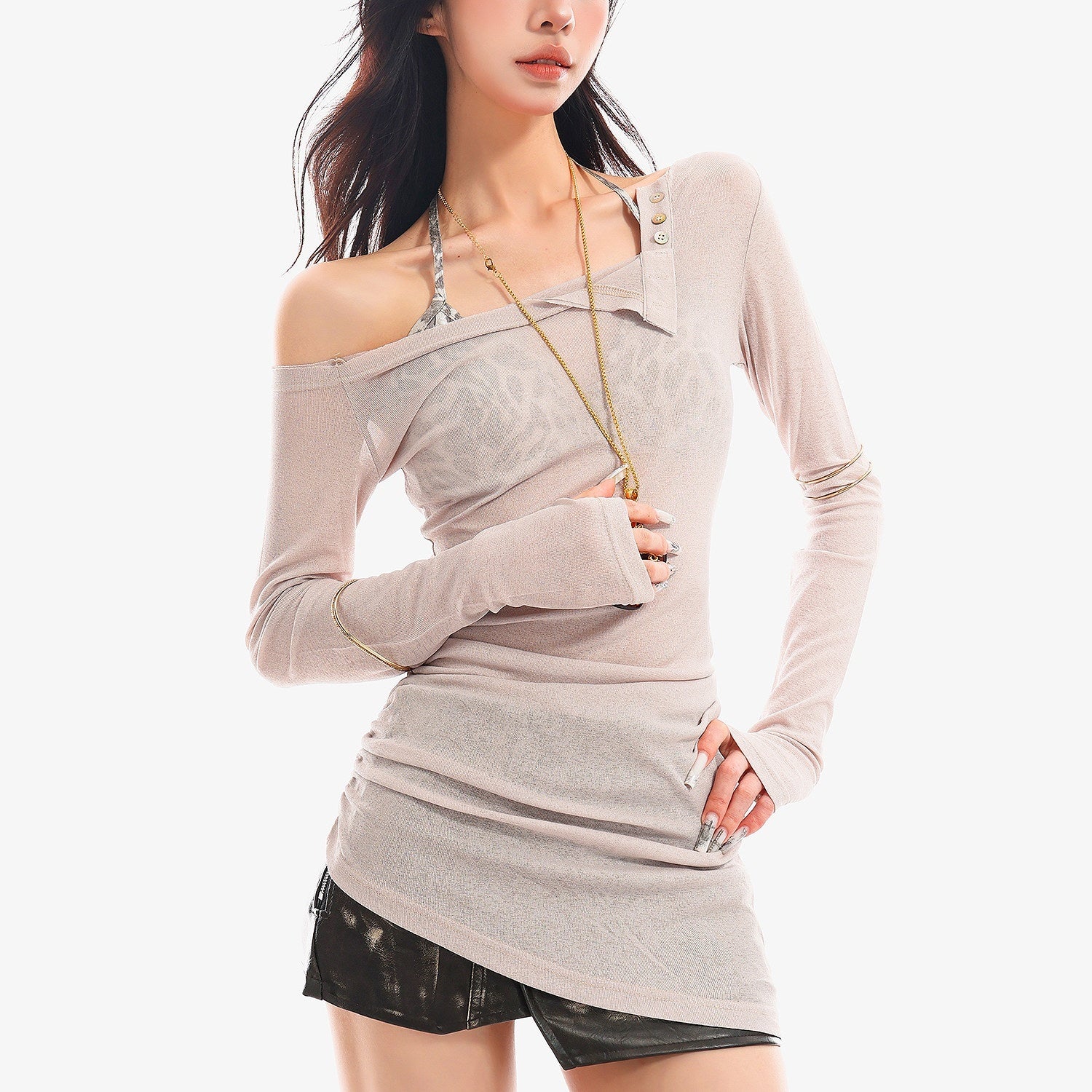 QIUQIU_STUDIO_Sheer_Halter_One_Shoulder_Colorblock_Women&
