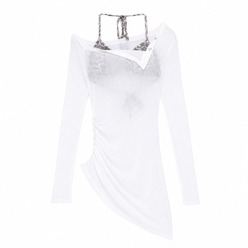 QIUQIU_STUDIO_Sheer_Halter_One_Shoulder_Colorblock_Women&