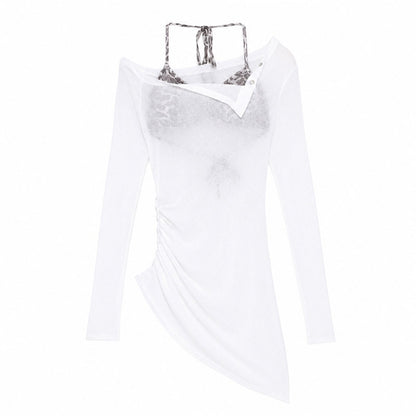 QIUQIU_STUDIO_Sheer_Halter_One_Shoulder_Colorblock_Women&