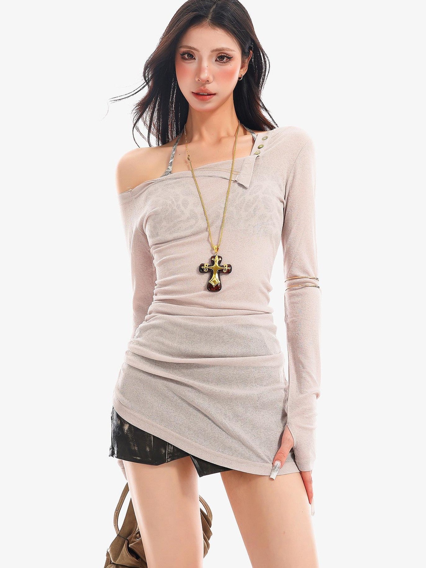 QIUQIU STUDIO Sheer Halter One Shoulder Colorblock Women&