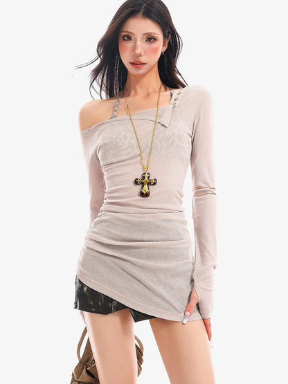 QIUQIU STUDIO Sheer Halter One Shoulder Colorblock Women&