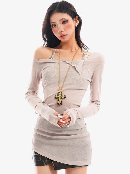 QIUQIU STUDIO Sheer Halter One Shoulder Colorblock Women&