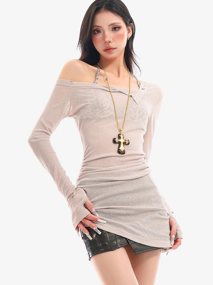 QIUQIU STUDIO Sheer Halter One Shoulder Colorblock Women&
