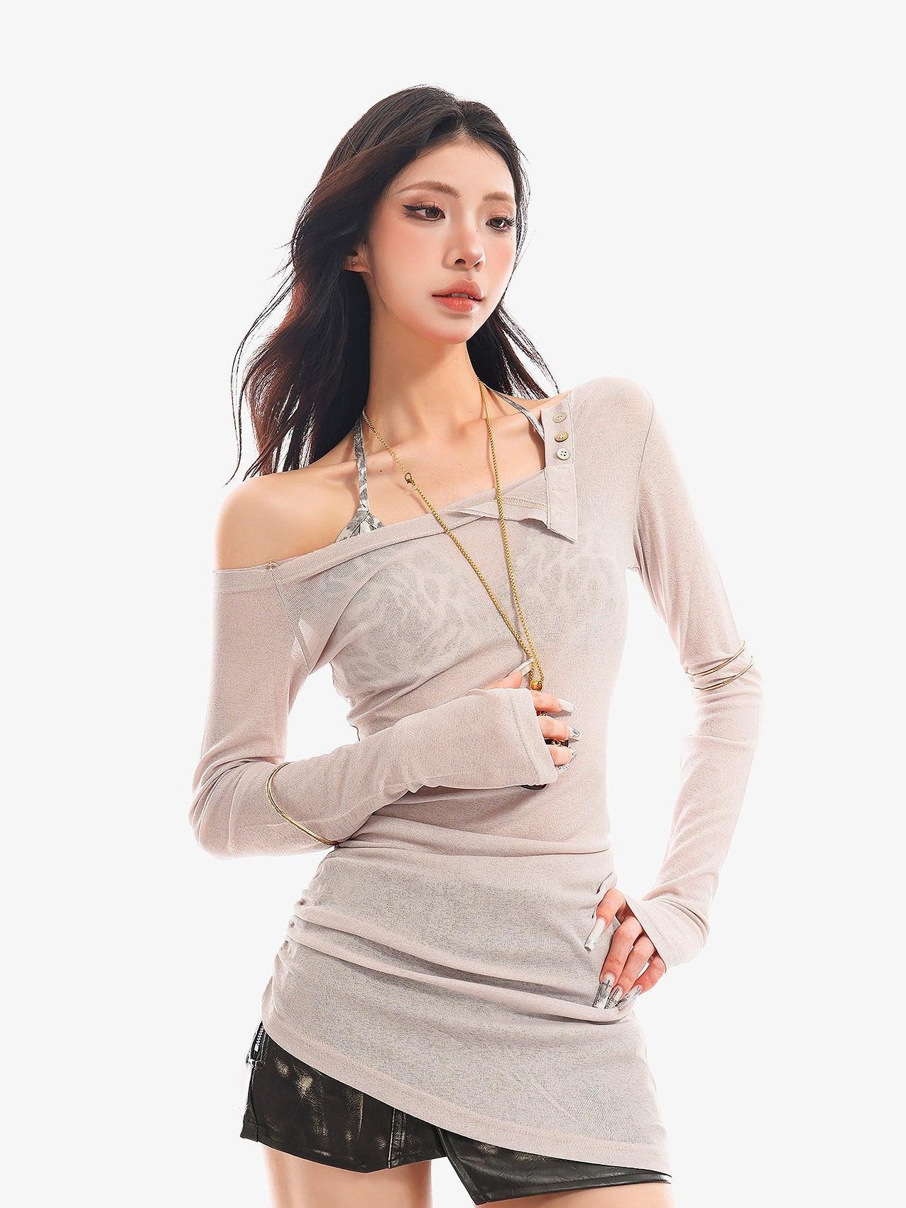 QIUQIU STUDIO Sheer Halter One Shoulder Colorblock Women&