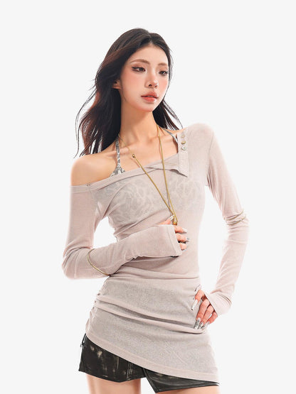 QIUQIU STUDIO Sheer Halter One Shoulder Colorblock Women&