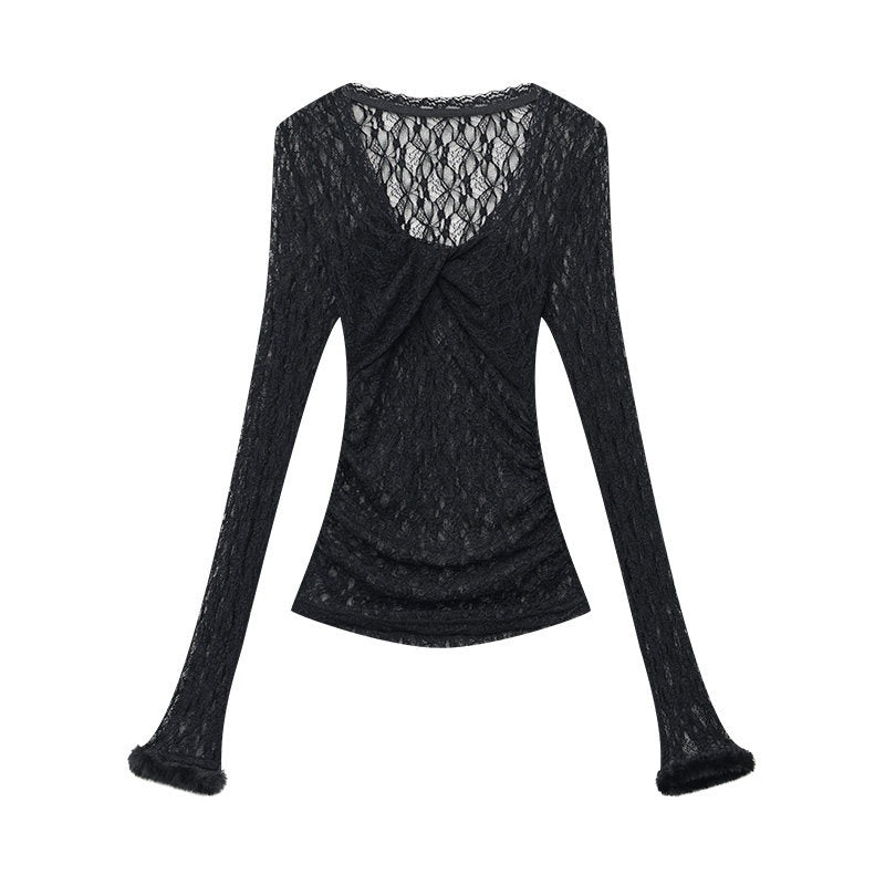 QIUQIU_STUDIO_Sheer_Lace_Cutout_Wide_Round_Neck_Slim_Fit_Women&