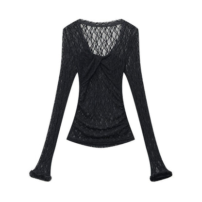 QIUQIU_STUDIO_Sheer_Lace_Cutout_Wide_Round_Neck_Slim_Fit_Women&
