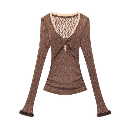 QIUQIU_STUDIO_Sheer_Lace_Cutout_Wide_Round_Neck_Slim_Fit_Women&