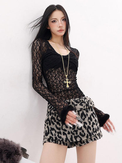 QIUQIU STUDIO Sheer Lace Cutout Wide Round Neck Slim Fit Women&