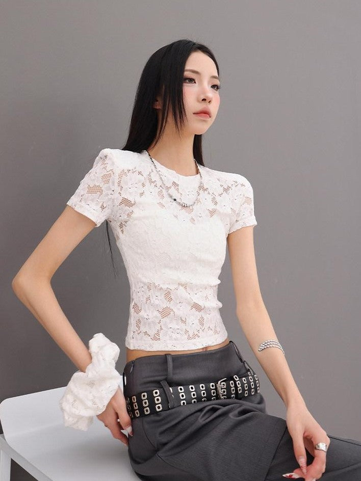 QIUQIU STUDIO Sheer Lace Fitted Round Neck Cropped Women&