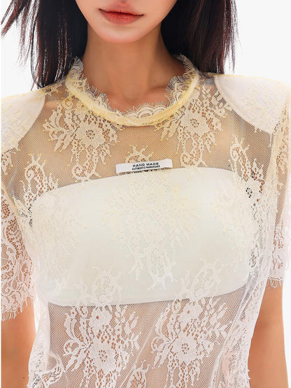 QIUQIU STUDIO Sheer Lace Round Neck Padded Shoulder Loose Women&