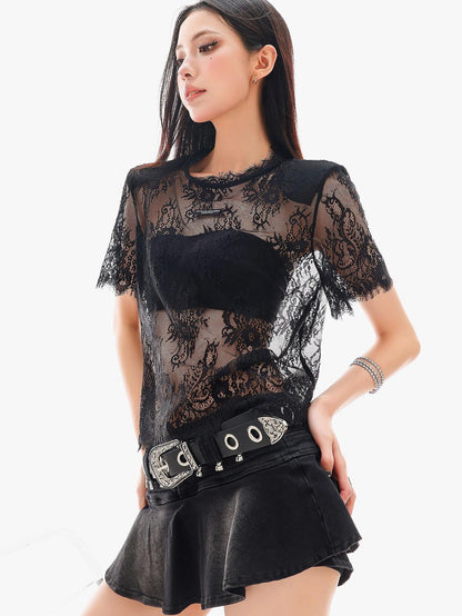 QIUQIU STUDIO Sheer Lace Round Neck Padded Shoulder Loose Women&
