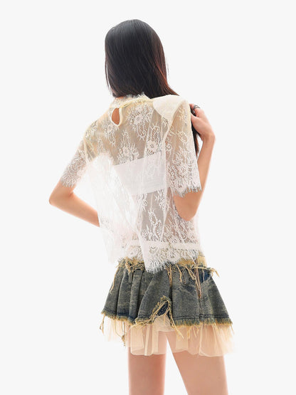 QIUQIU STUDIO Sheer Lace Round Neck Padded Shoulder Loose Women&