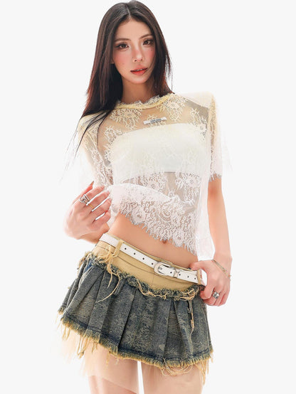 QIUQIU STUDIO Sheer Lace Round Neck Padded Shoulder Loose Women&