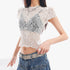 QIUQIU_STUDIO_Sheer_Lace_Round_Neck_Slim_Fit_Short_Sleeve_Women&