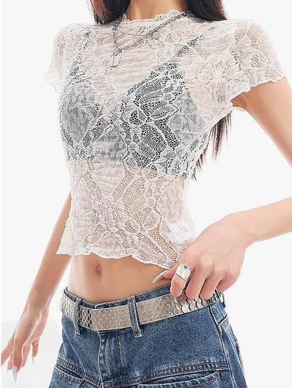 QIUQIU STUDIO Sheer Lace Round Neck Slim Fit Short Sleeve Women&
