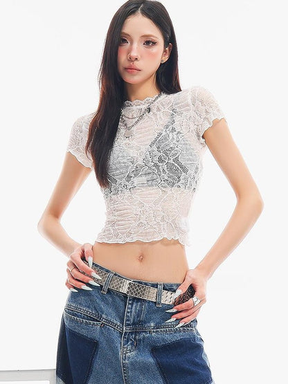 QIUQIU STUDIO Sheer Lace Round Neck Slim Fit Short Sleeve Women&