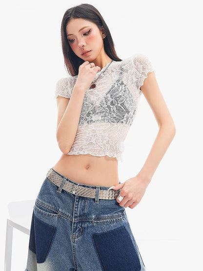 QIUQIU STUDIO Sheer Lace Round Neck Slim Fit Short Sleeve Women&