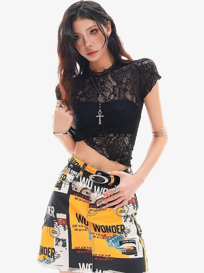 QIUQIU STUDIO Sheer Lace Round Neck Slim Fit Short Sleeve Women&