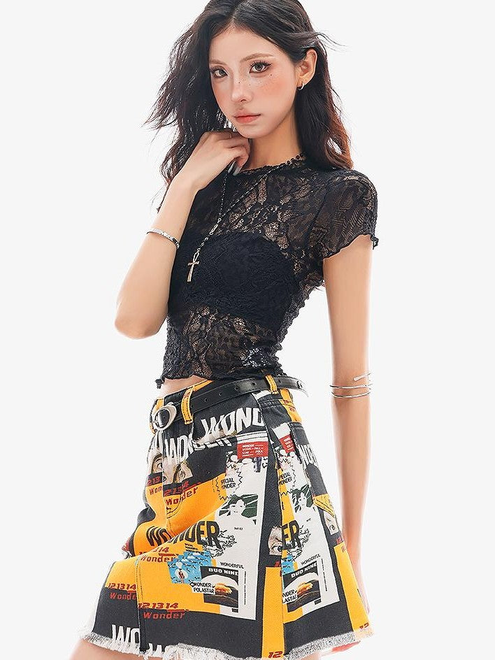 QIUQIU STUDIO Sheer Lace Round Neck Slim Fit Short Sleeve Women&