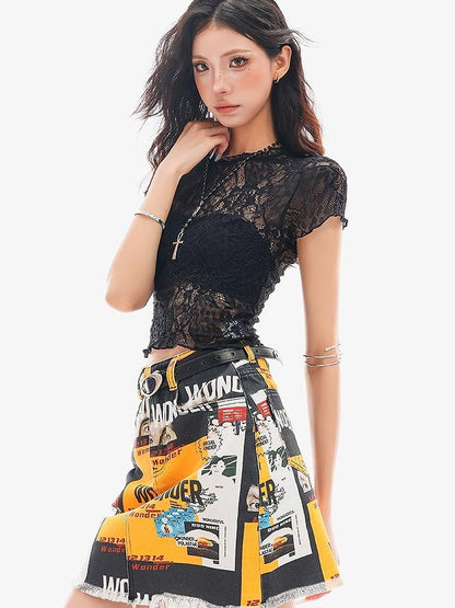 QIUQIU STUDIO Sheer Lace Round Neck Slim Fit Short Sleeve Women&