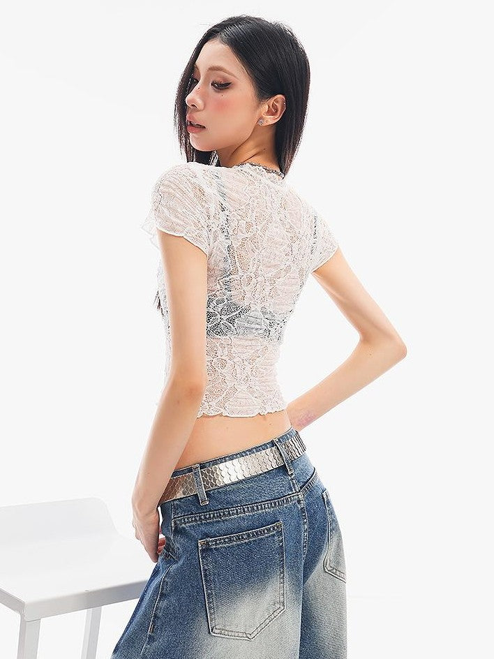 QIUQIU STUDIO Sheer Lace Round Neck Slim Fit Short Sleeve Women&