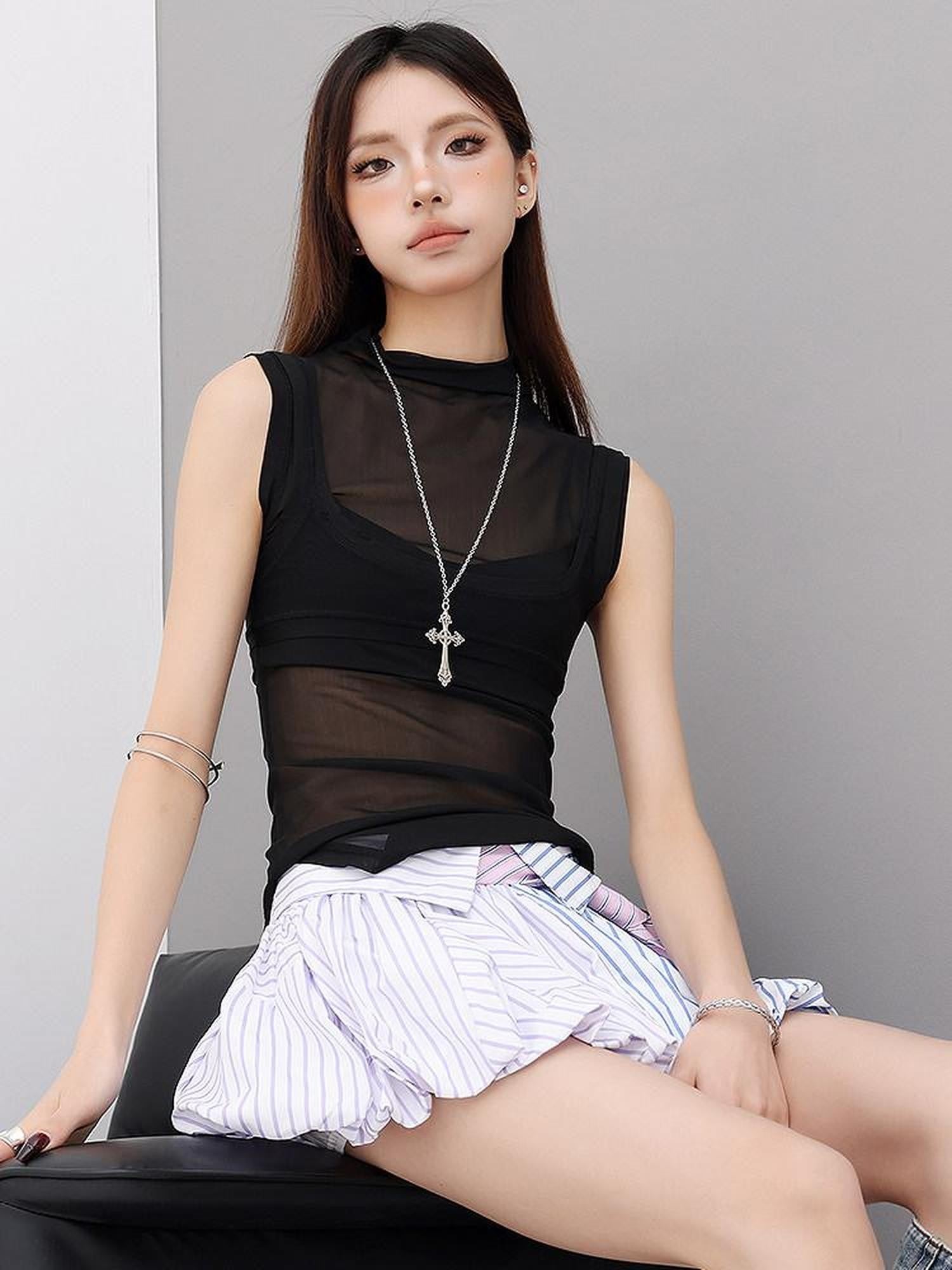 QIUQIU STUDIO Sheer Layered Mock Two Piece Slim Fit Half High Neck Women&