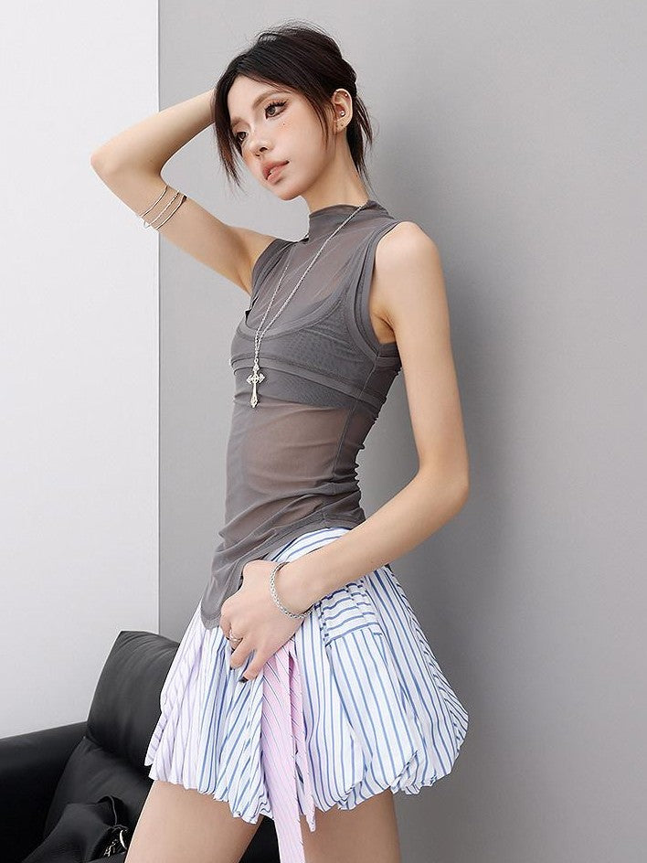 QIUQIU STUDIO Sheer Layered Spliced Mock Neck Fitted Women&