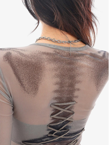 QIUQIU STUDIO Sheer Mesh Digital Print Embroidered Women&