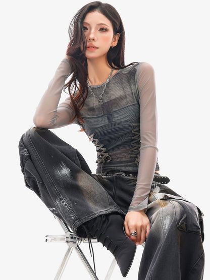 QIUQIU STUDIO Sheer Mesh Digital Print Embroidered Women&