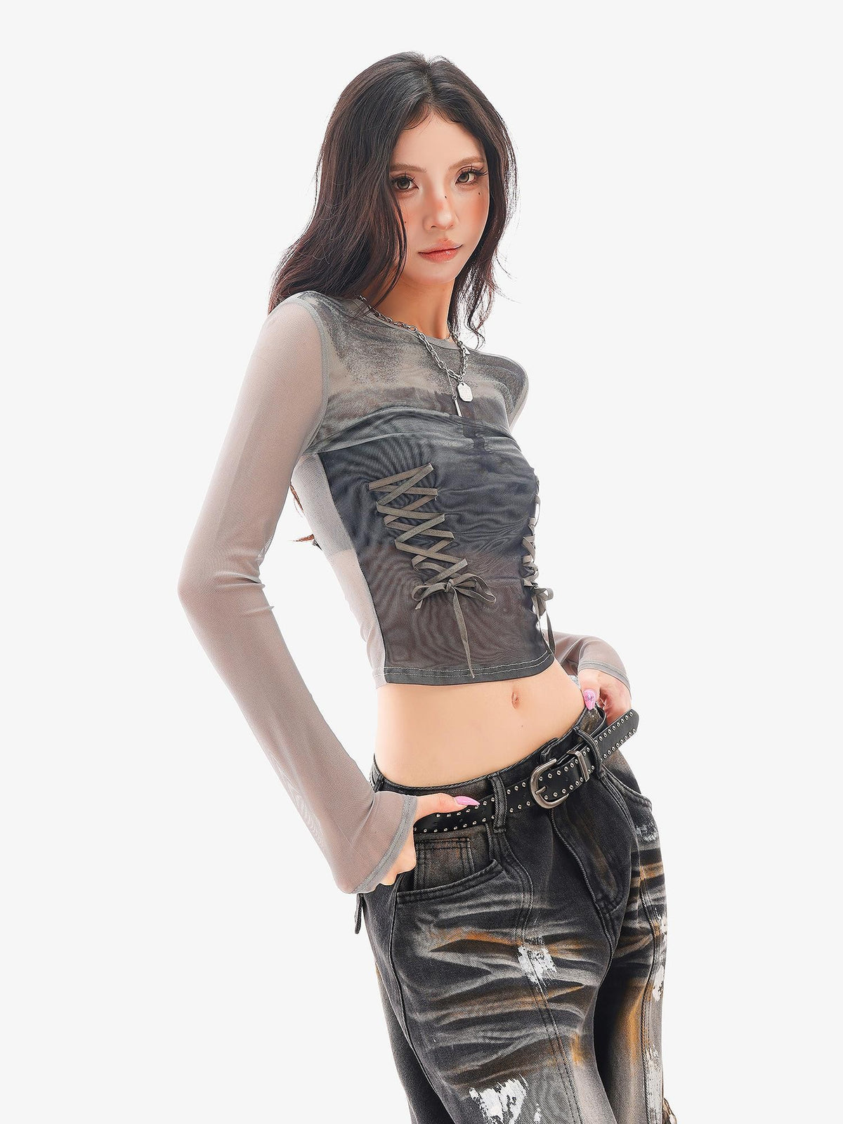 QIUQIU STUDIO Sheer Mesh Digital Print Embroidered Women&