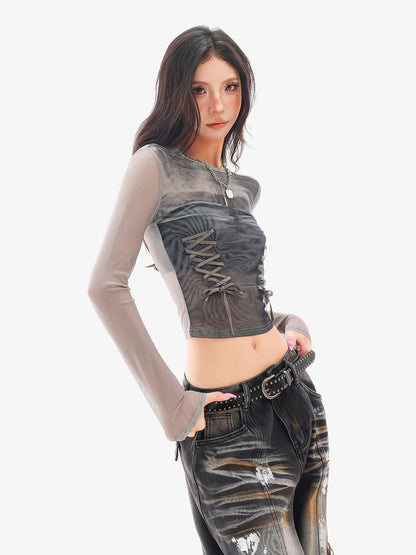 QIUQIU STUDIO Sheer Mesh Digital Print Embroidered Women&